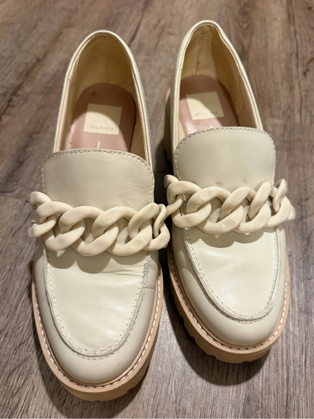 Dolce Vita Ivory Chain-Trim Leather Loafers